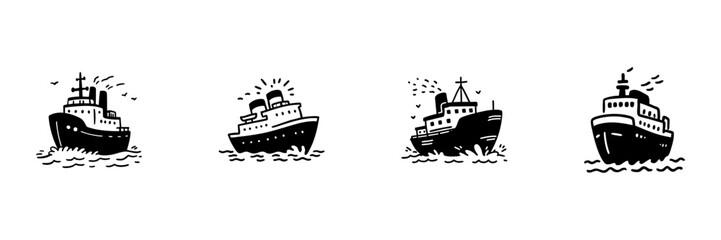 Obraz premium Four Ship Illustrations In Hand Drawn Style Set. Nautical Transportation, Maritime Travel, Ocean Voyage Doodle Sketch Collection. Vintage Marine Vessels. Isolated Vector Illustration
