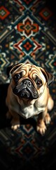 Obraz premium Whimsical pug portrait, geometric tapestry, eye-level symmetry, playful pose, stark contrast, abstract background, pug, abstract