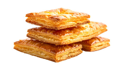 Golden, flaky pastries stacked, with crisp layers and textured tops, isolated on black