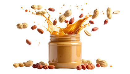 A jar of peanut butter with a splash, and peanuts in various forms