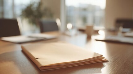 Close-up of a wooden table with a stack of papers on it. the papers appear to be blank and are neatly arranged in a neat stack.