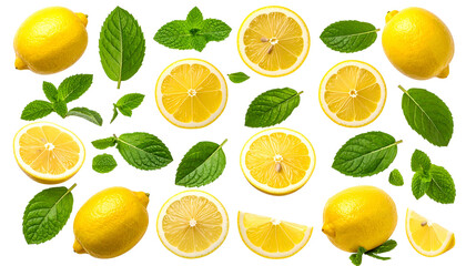 Arrangement of lemons, lemon slices, mint sprigs against a black background