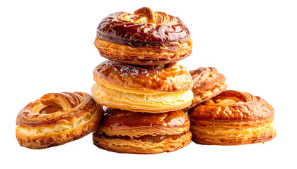 Stacked golden pastries with flaky layers, circular shapes, and caramelized tops on black