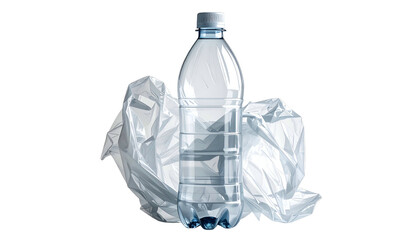 A transparent plastic water bottle sits with crumpled plastic; isolated on black