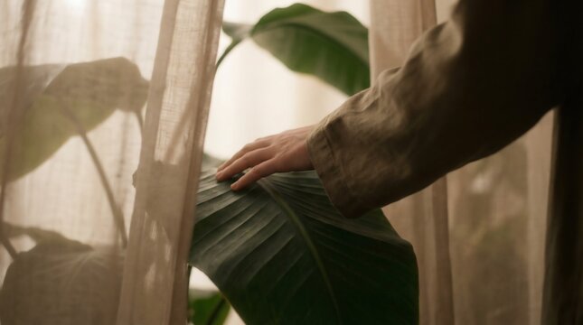 Close up of person hand touching large tropical leaf behind a linen curtain in soft indoor lighting