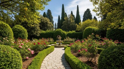 Obraz premium Serene garden with stone path, center fountain, vibrant roses, manicured hedges, tall trees, sunny blue sky