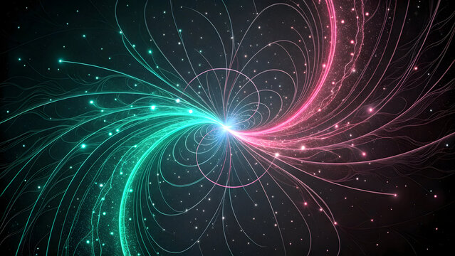 Abstract energy field with glowing particle streams and magnetic flow lines in deep space, futuristic science background illustrating motion, balance and cosmic forces