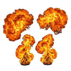 Collection of four different fire flames on isolated transparent background for design
