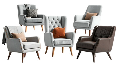 A group of five cozy armchairs, varying styles and colors, arranged on black background