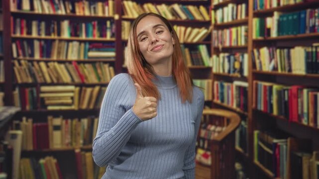 Woman redhead smiling and giving thumbs up gesture in a library aisle with wooden bookshelves and stacked books, wearing a blue ribbed sweater; approval positivity.