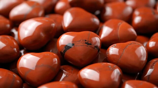 Close up of polished red jasper gemstones arranged in a pile