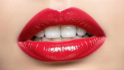Obraz premium Close up of beautiful woman mouth with red glossy lipstick and white teeth smile isolated on skin background for cosmetics