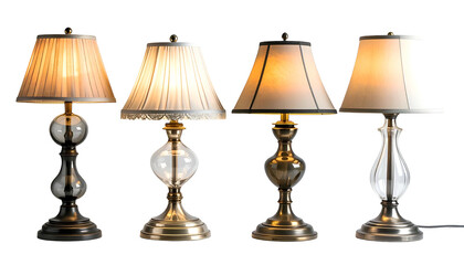Four vintage table lamps with decorative bases, varying shades, and a black background