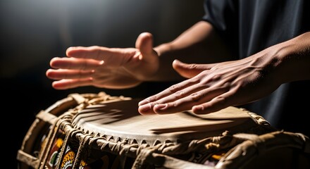 Macro Shot of Hands Playing a Traditional Sri Lankan Yak Bere Drum in Cinematic Light