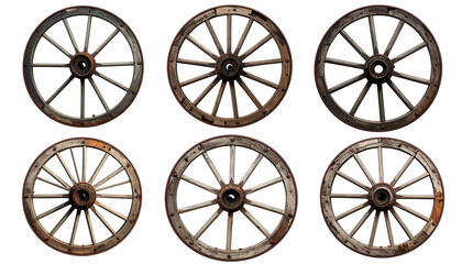 Six antique wooden wagon wheels, various states of weathering, arranged in a grid