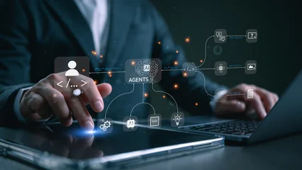 Fotobehang Natuur Park Business professional controlling AI agents workflow, connecting data, code, and communication tools to automate processes, enhance productivity, drive scalable digital business transformation.  © Looker_Studio