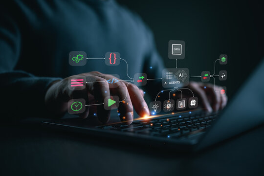 Developer orchestrating AI agents, automating code, data, and tasks through intelligent workflows, system integration, productivity optimization, scalable software architecture, digital operations.