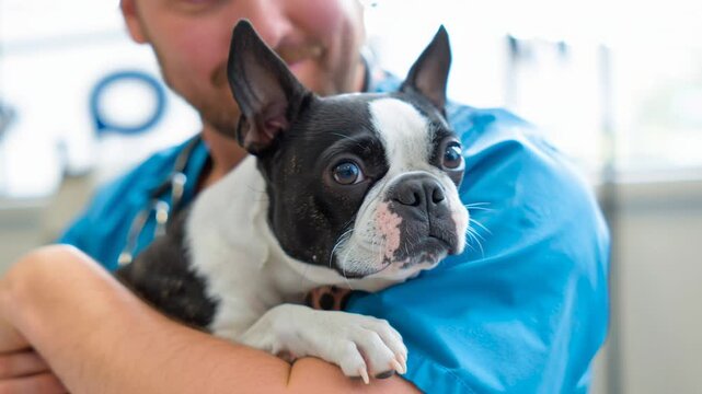 Professional vet technician holding a cute Boston Terrier during a checkup at a veterinary clinic, providing comfort and care for canine health and animal welfare