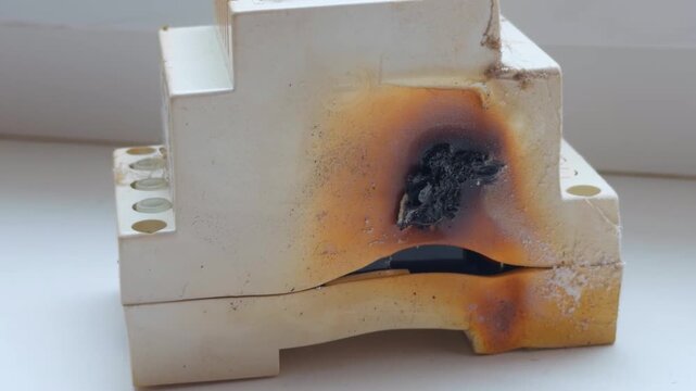 Burnt electrical relay with melted housing and visible overheating marks
