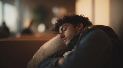 Obraz premium Young man sleeping on a couch with his head resting on a pillow. he appears to be in a deep sleep, with his eyes closed and his head tilted back. he is wearing a blue jacket and has curly hair.