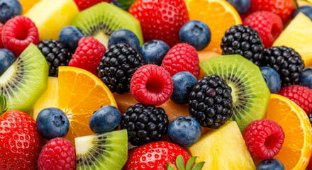 Obraz premium Close up of fresh mixed fruits and berries. Assorted colorful fruit salad background. Healthy eating diet and vitamin concept. Includes strawberry blueberry raspberry kiwi and orange