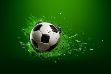 Fototapeta premium Soccer ball powerfully breaking apart with green energy, dust, and debris on a green background
