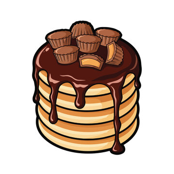A stack of pancakes with chocolate and peanut butter cups