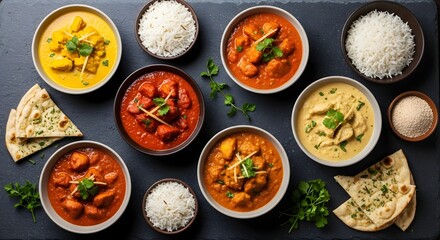 Indian vegetarian thali meal with curries rice breads and spices on dark slate