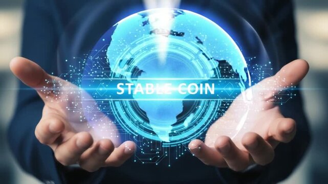 Person holding a glowing blue globe with the words stable coin on it in their hands with a futuristic and technological background
