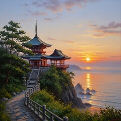 Obraz premium Serene Japanese Pagoda Overlooking Ocean at Sunrise.