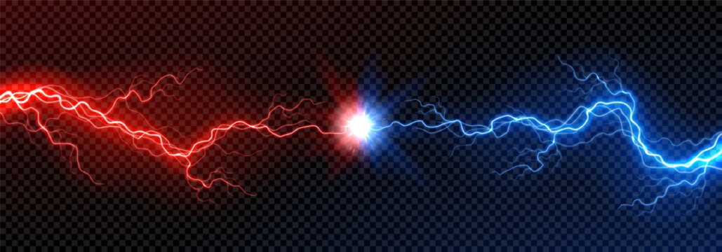 Red and blue thunder collision. Realistic bolt energy collision with shock burst flash isolated on dark checkered background. Versus banner with two electric power lightning discharge. Vector concept.