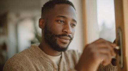 Obraz premium Close-up portrait of a young african-american man with a beard. he is looking out of a window with a thoughtful expression on his face.