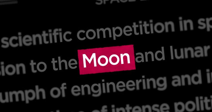 Moon landing and exploration news titles across international web media search. Abstract concept of internet headline information on dynamic displays animation.