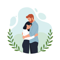 Couple embracing in a loving relationship with leaves around them