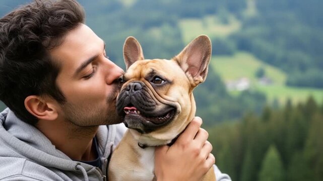 Man kissing and hugging cute french bulldog outdoors in nature with green trees and hills