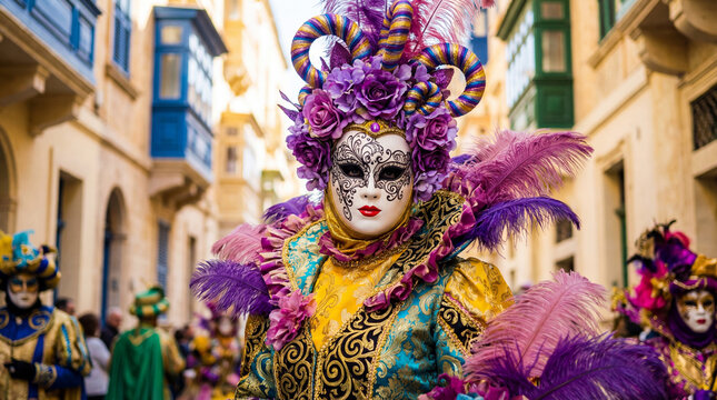 Striking Malta carnival costume. Performer in gold-purple ruffled gown, white mask with intricate design, purple feather horns headdress amid fellow revelers on historic street