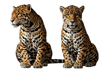 Obraz premium Two majestic leopards sitting together in a powerful pose, showcasing their distinctive spotted fur, isolated on transparent background