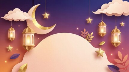A beautifully crafted paper art background featuring a radiant golden crescent moon, shimmering stars, and ornate lanterns that cast a warm, inviting glow. Fluffy paper clouds drift across a serene gr