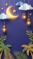 A beautifully crafted paper cut art composition features a serene night scene with a luminous golden crescent moon and twinkling stars, suspended alongside elegant, glowing lanterns. Fluffy paper clou