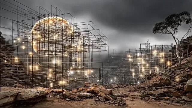 Surreal Landscape with Glowing Structures and a Giant Sun.