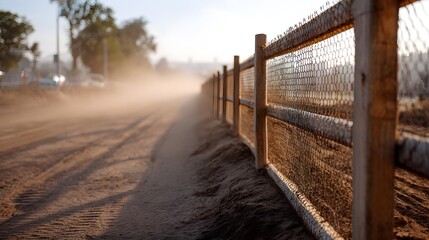 Obraz premium A rustic wooden fence runs alongside a dusty dirt road bathed in the warm light of golden hour creating a sense of dry rural movement