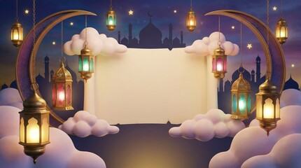 A beautifully rendered 3D illustration capturing a magical night scene, ideal for celebratory and spiritual themes. Glowing ornate lanterns, some with colorful glass, hang from a majestic golden cresc