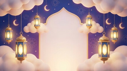 A beautifully rendered 3D illustration features a serene night sky adorned with fluffy clouds, glowing lanterns, and delicate crescent moons. A grand, ornate archway forms the central focus, offering 