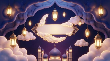 A beautifully rendered 3D illustration showcasing a serene and majestic night scene, featuring an array of glowing golden lanterns suspended amidst soft, ethereal clouds that form an elegant archway. 