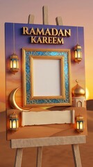 A beautifully rendered 3D illustration features a stylized easel holding a vibrant display board adorned with golden "Ramadan Kareem" text. The board is decorated with intricate ornate lanterns, a gle