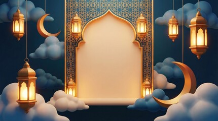 A beautifully rendered 3D scene features a majestic, ornate archway adorned with intricate golden patterns against a deep blue background. The central arch provides an illuminated, empty space perfect