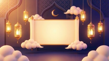 A beautifully rendered 3D scene featuring a prominent, glowing blank scroll or banner positioned centrally, offering ample copy space for custom text. It is elegantly framed by ornate golden lanterns 
