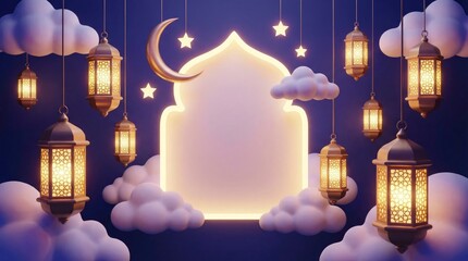 A beautifully rendered, dreamlike scene featuring a radiant, arch-shaped frame glowing warmly at its center, offering ample copy space. Numerous elegantly designed golden lanterns with intricate geome