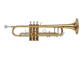 Obraz premium A shiny gold trumpet with three valves and a silver mouthpiece, ready to be played, isolated on transparent background