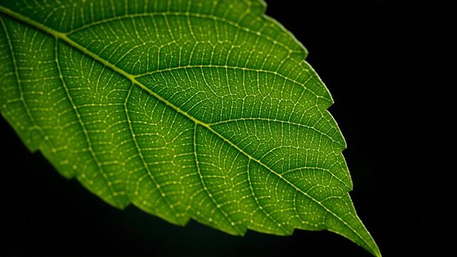 Close up of a vibrant green leaf with detailed vein structure against black
